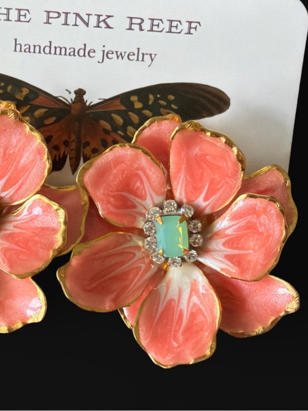 Anthropologie Coral Petal Floral Earrings Mint Crystal Centers The Pink Reef NEW - Picture 2 of 4